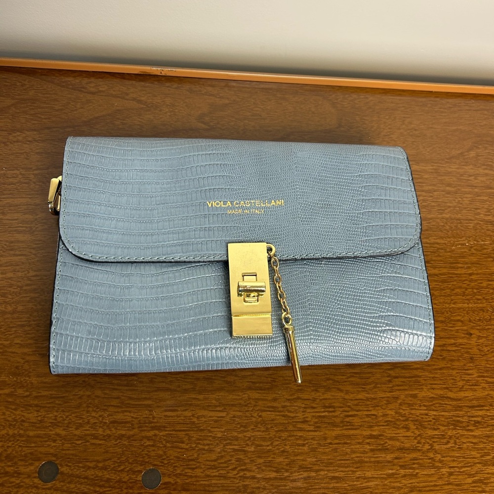 Viola Castellani Light Blue Embossed Leather Crossbody Bag Made in Italy